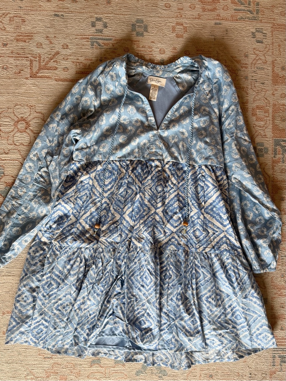 Jessica Simpson Blue and White Printed Long-Sleeve Tiered Dress